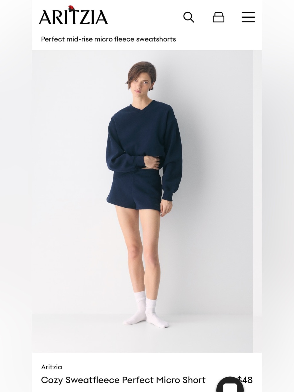 Aritzia Cozy Sweatfleece Micro Shorts — Navy